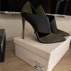 Balmain Black and Olive Heels with Gold Accent